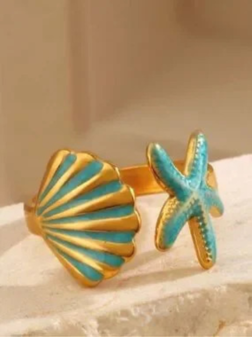 Gold Turquoise Seahorse & Sea Shell Ring Set - Picture 4 of 5